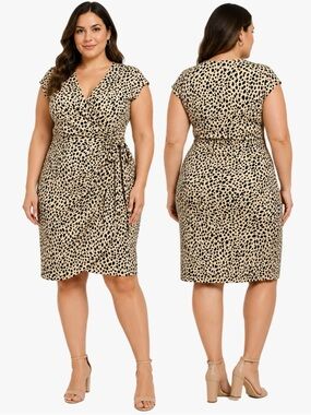 NWT Amazon Essentials Plus Size 6X Cheetah Leopard Print Wrap Dress Tan Black